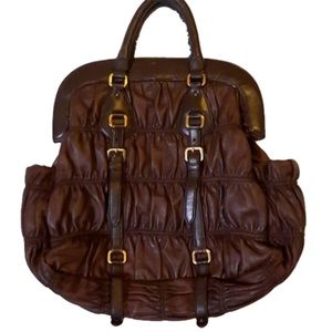 Prada Gaufre Nappa Leather Brown Ruched Bag